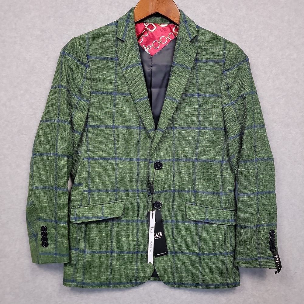 NEW Elie Balleh Boy's Windowpane Blazer Green And Blue Size Large 14/16 years